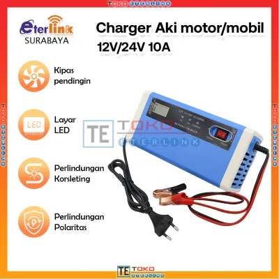NEW Premium Charger Aki Mobil Motor Lead Acid 12-24V 10A with LCD -Biru Bisa Bayar Ditempat