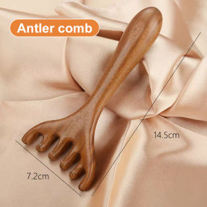 Six-Pronged Wooden Massage Comb Antler and Gold Sandalwood Head Acupoint Meridian Therapy Tool Gift Six-Claw Massage Comb