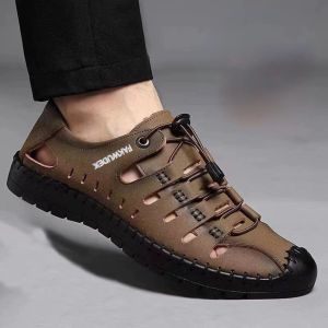 Free Shipping New Summer Sandals Featuring A Hollowed-Out Leather Upper Breathable And Comfortable Design Closed-Toe Style Soft Sole Low-Top Design And Casual Perforated Style