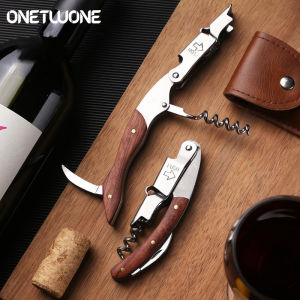 Onetwone Wood Handle Wine Opener Professional Waiters Corkscrew PU Bag Multifunction Stainless Steel Beer Bottle Opener and Foil Cutter Gift for Wine Lovers