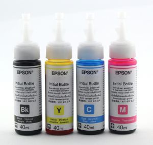 Epson Original ink 40ml ( 664 101 % Original  ) Bottle for L121 / L120 / L100 / L110 / L120 / L200 / L210 / L220 / L300 / L350 / L355/ L360 / L361 / L365 / L380 / L385 / L455 / L485 / L550 / L555 / L565 / L405  Set of 4 (Black Cyan Magenta and Yellow)