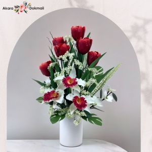 แจกันดอกไม้ประดิษฐ์ จัดโทนสีแดง ดอกไม้ปลอมตกแต่งบ้าน ดอกไม้ปลอมเสมือนจริง