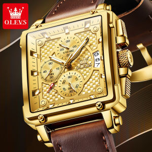 OLEVS Gold Mens Watch Square Fashion Waterproof Original Multifunctional Leather Quartz Watch for Men