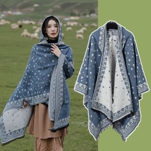 DOWNA Warm Hooded Shawl Ethnic Style Windproof Tassel Cloak Shawl Fashion Large Cloak Outdoor