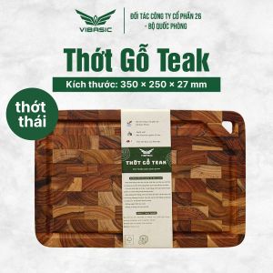 Thớt gỗ Teak Vibasic A80 phiên bản YÊU NƯỚC ghép dựng block kích thước 350x250x27mm có lỗ treo khắc logo 80 năm 2/9 dùng để cắt thái - Hàng chính hãng Bộ Quốc Phòng