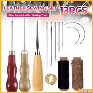 Nurm 13pcs DIY Leather Sewing Kit Sewing needle/Wooden Handle Awl/Wax Thread/Sewing Awl