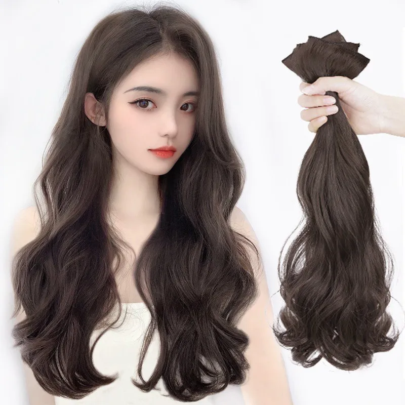 Original 45cm 60cm Wig for Women Human Hair True Hair Washable Long Curly Clip Hair Big Wavy Hairstyle Hair Extension Piece Additional Hair Props 3 piece Set Brown black Dark Brown Light Brown