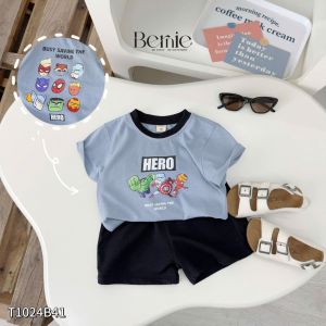 Set bộ cotton tay ngắn bé trai áo thun họa tiết hero và quần short size 9 tới 28kg BERNIE T1024B41