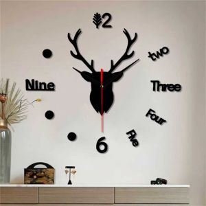 Jam Dinding DIY Quartz Creative Design Ornamen Kepala Rusa Deer Head 3D Giant Clock Q8073