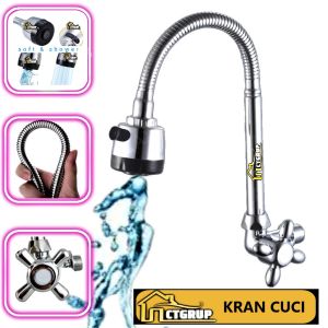 Kran Angsa Wastafel Leher Fleksibel Sink Kran Cuci piring tombol 2 mode semprotan Kran