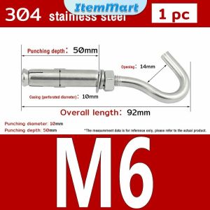 ItemMart Heavy Duty Concrete Hook 304 Stainless Steel M6 M8 M10 Expansion Screw Hooks