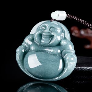 Natural Blue A-grade Ice Jade Big Belly Laughing Buddha Men Pendant with Certificate