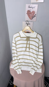 Blus Rajut Motif Garis dengan Kerah dan Ujung Pita - Bahan Acrylic Adem