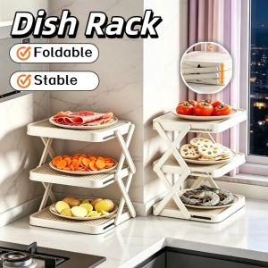 Multi-Layer Foldable Dish Rack Space Saving Kitchen Plate Storage Organizer For Dinner Plates Bowls