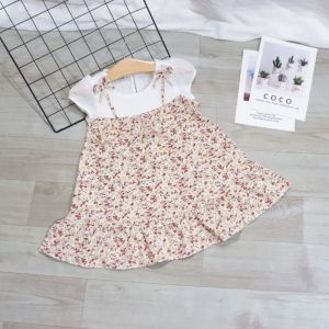Váy/Đầm Bé Gái Lụa Hoa Tay Phồng Phối Đô Cao Cấp Cho Bé Từ 8-22kg