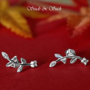 [Studs & Such] 925 Silver Gleaming Stalk Of Leaves Stud Earrings With Cubic Zirconia
