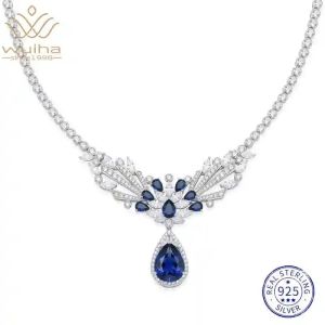 WUIHA Vintage 925 Sterling Silver Pear Cut Sapphire High Carbon Diamond Gemstone Wedding Cocktail Pendant Necklace Fine Jewelry