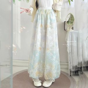 Mori Girl Pastel Floral Chiffon Wide Leg Pants Elastic Waist Flowy Sheer Boho Vacation Palazzo Trousers For Women