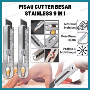 Pisau Cutter Stainless 9in1 Cutter Besar Kater Tajam Anti Karat Pembuka Tutup Pemotong Penggaris Serbaguna