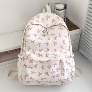 VOYUE Adjustable Strap Student Backpack Large Capacity Nylon Travel Bag Portable Bow Printed Women Schoolbag Outdoor