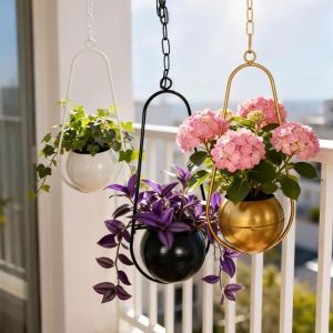 DSFDF Minimalist Metal Hanging Flower Pot Iron Art with Chain Hook Wall Mounted Flower Holder Creative Handmade Hanging Plant Bucket Home Indoor
