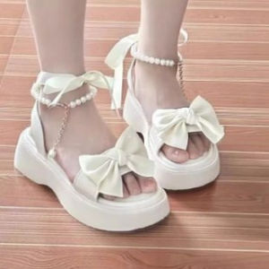 [Free Shipping] WomenS Sandals 2026 New Style With Bow Thick Sole Pearl Embellishments Open-Toe Roman Style Suitable For Layering High-End