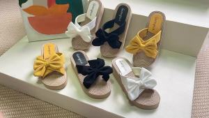 [Free Shipping] New Summer Collection: Simple Bow-Knot Criss-Cross Wedge-Heeled Sandals For Women Featuring A Woven Sole Perfect For Casual Wear Beach Outings And As Thick-Soled Flip-Flops
