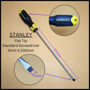 Ready Stock in SG. Stanley Flat Tip Standard Screwdriver 5mm (3/16") X 200mm (8"). The tip are made up of high quality steel to fastening bolts and nuts.  Cushion Grip Handle
