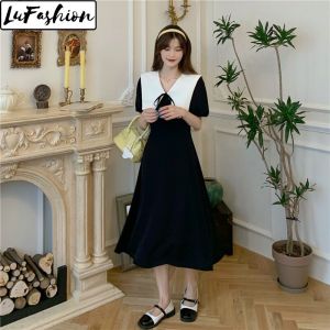 LuFashion Long Dress for Women French Summer V-Neck Short Sleeve solid color Dress