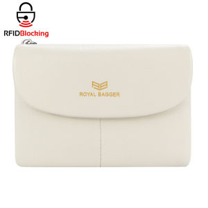 Royal Bagger RFID Blocking Womens Short Wallet Genuine Leather Multi-card Slots Card Holder Trifold Purse Magnetic Opening 2063