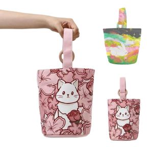 XSDDSF กระต่ายกระต่ายกระต่าย กระเป๋าถือทรงถังแมว ชุดเดรสพิมพ์ลาย ดอกไม้ประดับดอกไม้ กระเป๋าโท้ทการ์ตูน น่ารักน่ารักๆ กระเป๋าใส่อาหารกลางวัน กระเป๋าอาหารกลางวันกระต่าย ช้อปปิ้ง