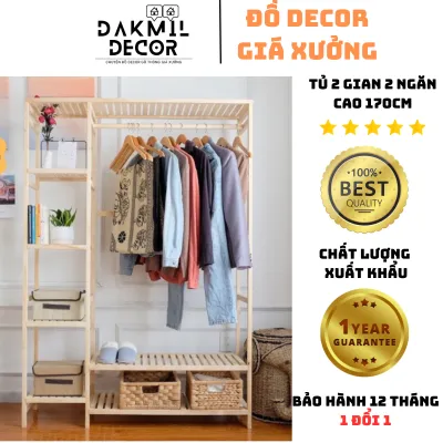 Kệ/Tủ Treo Quần Áo Nhiều Ngăn Đa Năng 2 Gian 2 Tầng Cao 1M7 Tủ Treo Quần Áo Gỗ Thông Nhập Khẩu