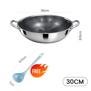 Nipiin Double-handle honeycomb wok Stainless Steel Non-stick Pan Honeycomb Texture Even Heating for Stir Fry & Family Cooking