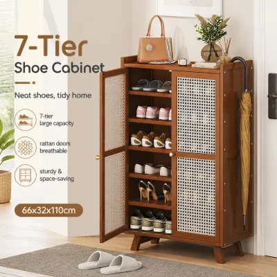 7-Tier Wooden Shoe Cabinet with Breathable Rattan Doors Space Saving Entryway Storage Rack Organizer