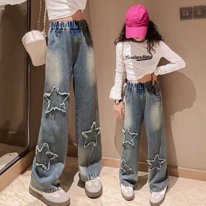 DIIMUU New Pants for Kids Girl Heart Design Denim Pants for Teens