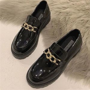 Free Shipping New WomenS Loafers Versatile High-Heeled Shoes Black Suitable For Spring And Autumn Flat-Soled Retro Style