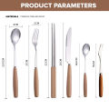 Locaupin Tableware Wooden Handle Stainless Steel Cutlery Spoon Two Prong Fork Knife Chopsticks Teaspoon Dinner Dish. 
