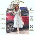 Đầm hoa thiết kế tặng kèm hoa cài cực xinh, Váy hoa nhí, váy đi làm - XU XU SHOP - Váy voan hoa cao cấp cổ V phù hợp công sở, đi chơi - ẢNH THẬT. 