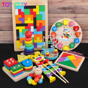 [Ready Stock]Wooden Stacking montessori educational materials toys Set early Geometric Stacker Building Blocks diy tangram Shape for 1 toddlers 3 year old to Fun Learning Game