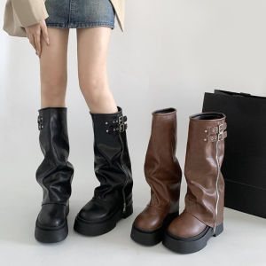 NOVAWEAR New Design Women Biker Boots Belt Buckle Platform Womens Knee High Booties Fashion Y2K Punk Long Pipe Booties Girls