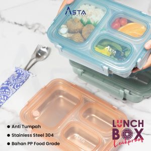 Asta Kotak Makan Stainless Steel 304 Leakproof Anti Tumpah Lunch Box 3 Sekat