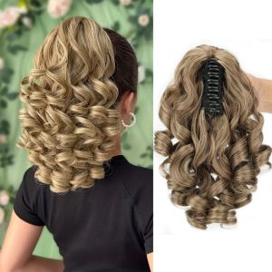 BLACKON Synthetic Short Wavy Curly Ponytail Hair Extensions Black Brown Pony Tail Hairpiece Trendy Fluffy Claw Clip Ponytail Wig for Women