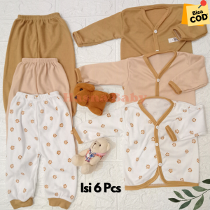 Paket 6Pcs Setelan Baju Bayi Baru Lahir Lengan Panjang kekinian seri Coklat- JL Baby
