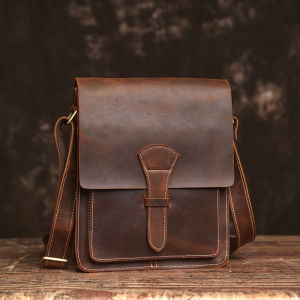 NUPUGOO Genuine Leather Mens Shoulder Bag Retro Messenger Bag Commuter Messenger Bag First Layer Cowhide Vertical Style