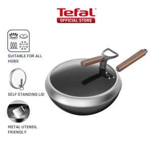 Tefal Tradition Pro Induction Wok Pan 30cm with Standing Lid G62184 - Iron Aluminium Rust Free Metal Utensil Scratch