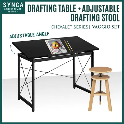 VAGGIO Set Adjustable Drafting Table & Stool Set - 80° Tilting Artist Drawing Desk with Wooden Drafting Stool for Architecture Painting Sketching Office Studio & College of Arts
