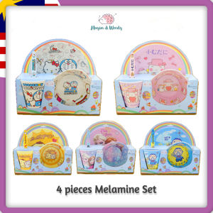 4 Pieces Set Kids Tableware Bowl Plate Spoon Cup Melamine Cartoon Dinner Set Drop Resistant Pinggan Mangkuk Set Kanak-kanak