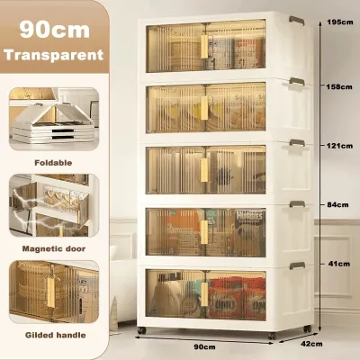 L50-90CM Folding Storage Cabinet With Wheels Magnetic Double Door Foldable Cabinet Home Clothes Storage Organizer