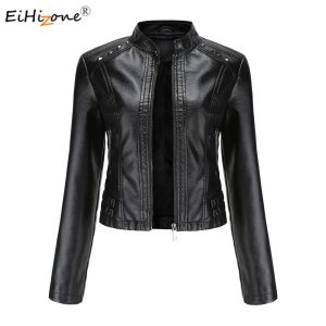 EsHi 2023 Womens Moto Biker Zipper Jacket Short Motorcycle Leather Jacket