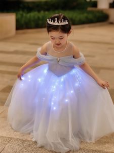 Đầm công chúa xanh trễ vai cho bé Đầm phát sáng cho bé gái Váy Lọ Lem cổ tích lộng lẫy đèn đom đóm Halloween